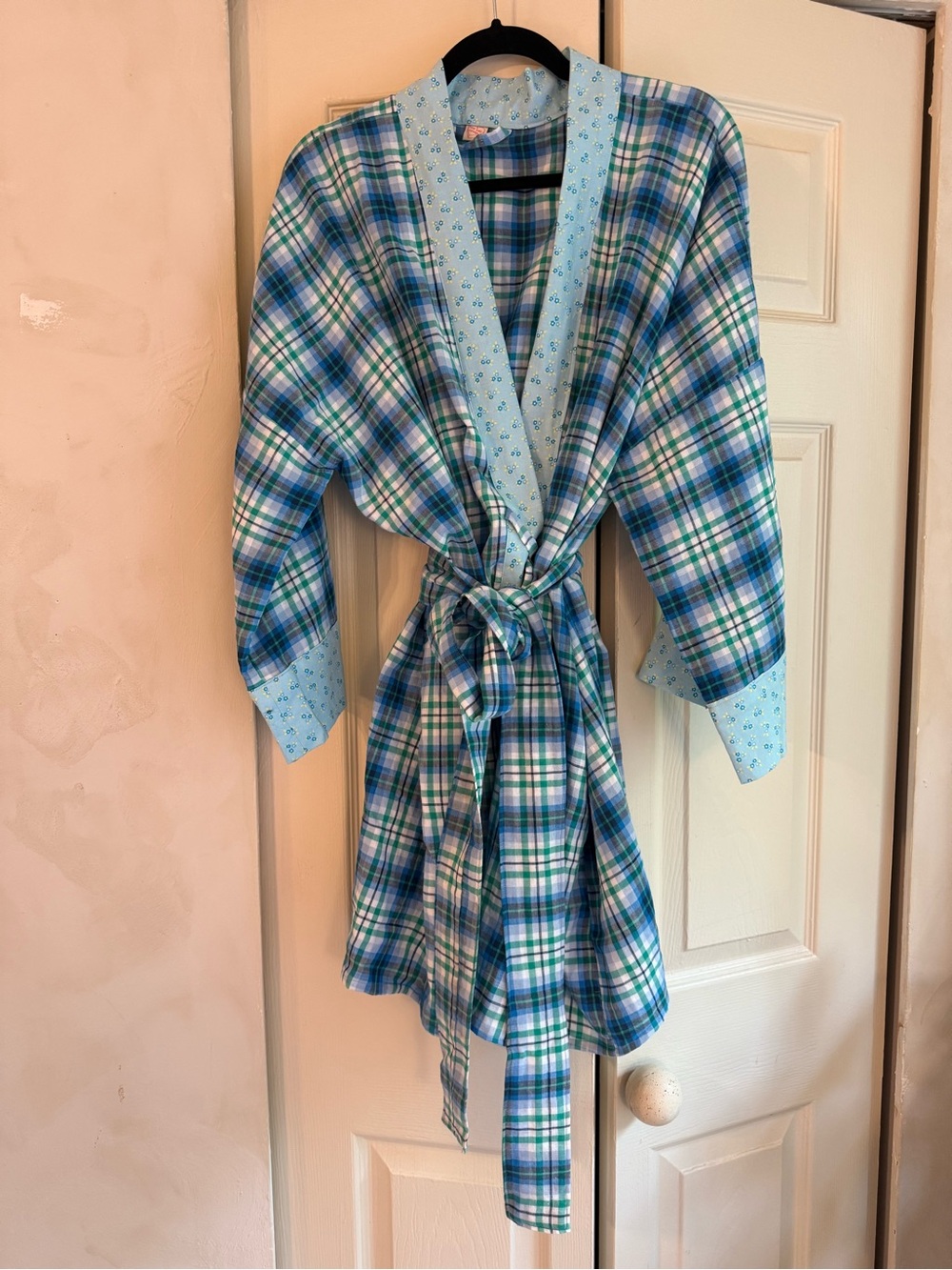 Light Blue Plaid Cotton Robe with Contrast Trim